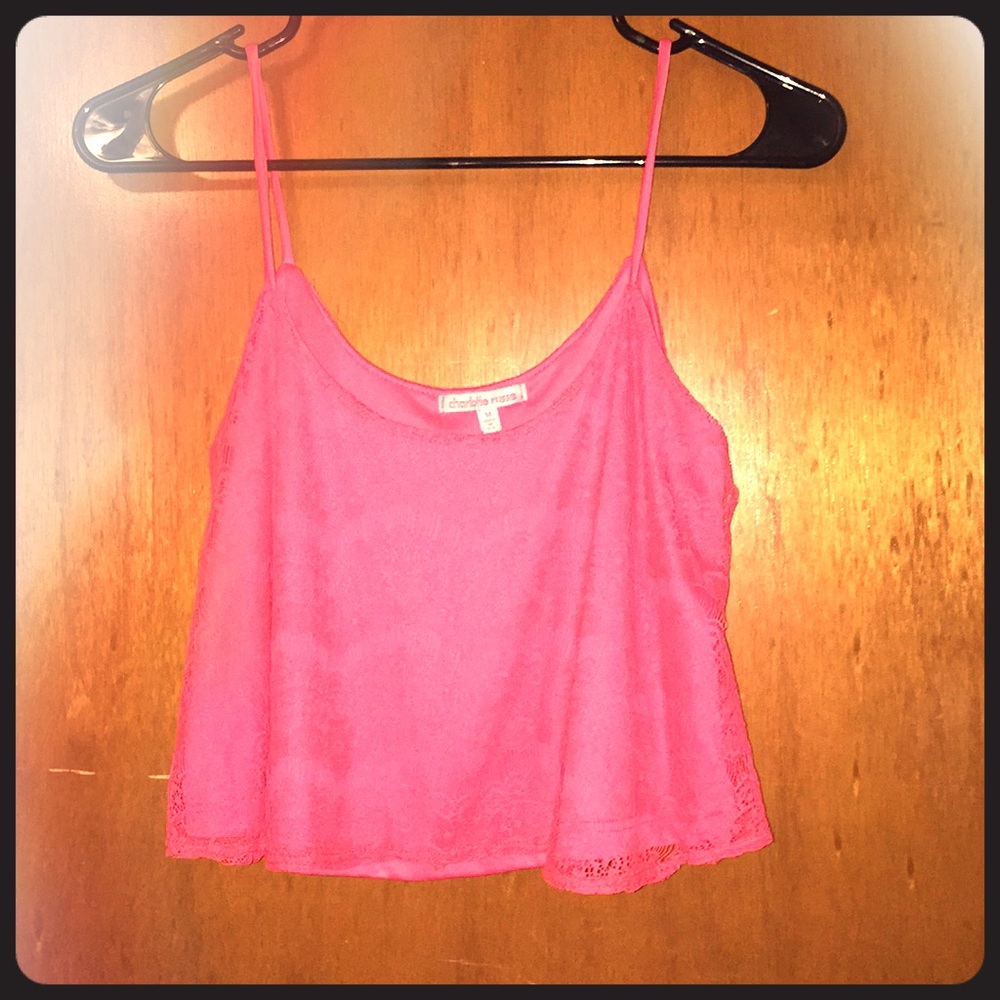 Coral colored crop top with lace detail